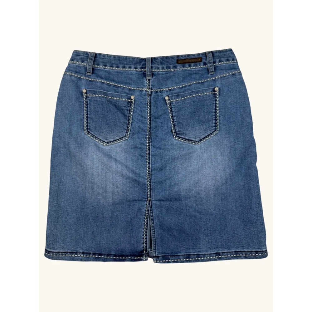 Baccini Womens Denim Mini Skirt Size 10 Blue Medium Wash Contrast Stitch Stretch - Picture 3 of 5